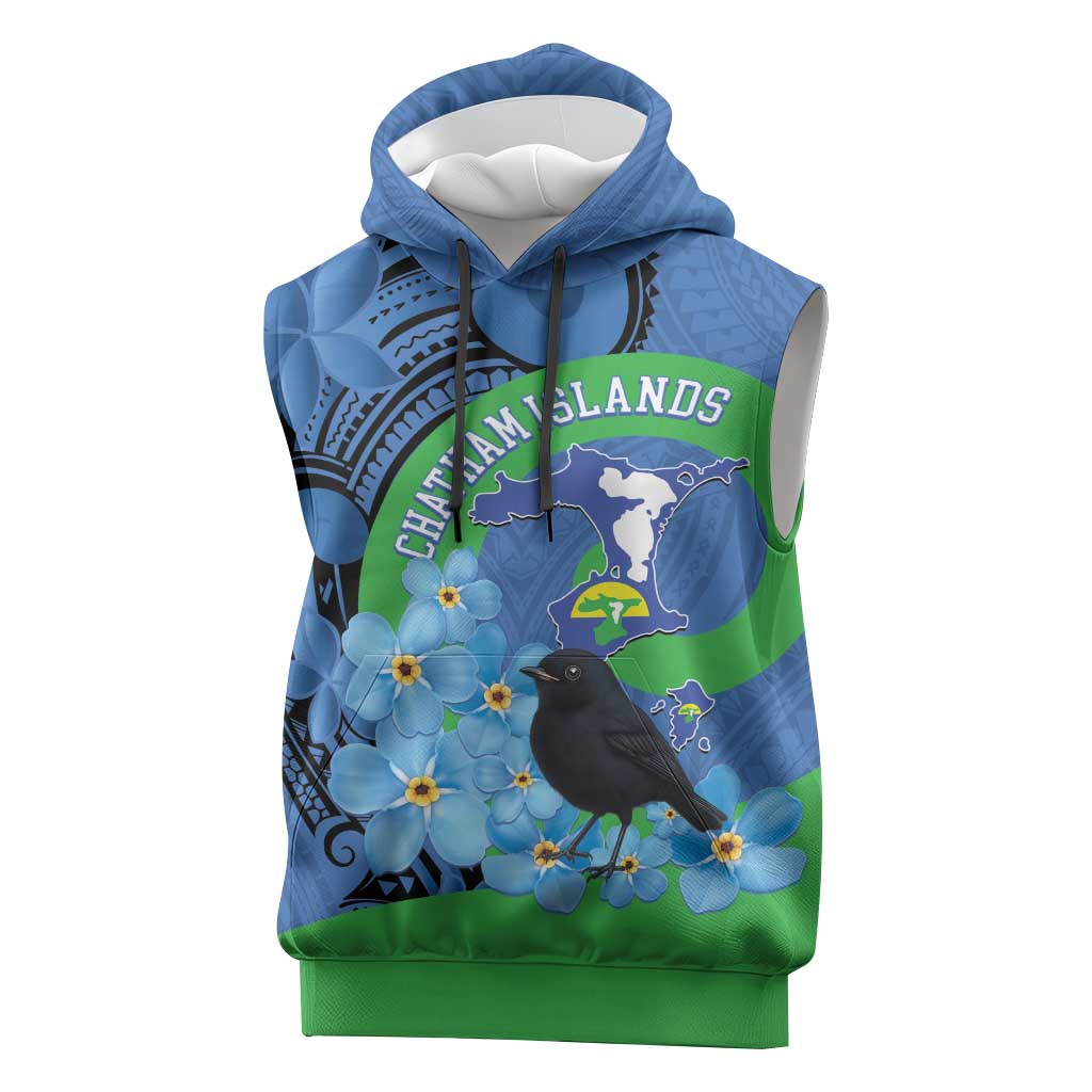 New Zealand Chatham Islands Sleeveless Hoodie Wharekauri Forget Me Not With Black Robin LT14 Blue - Polynesian Pride