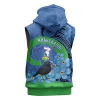 New Zealand Chatham Islands Sleeveless Hoodie Wharekauri Forget Me Not With Black Robin LT14 - Polynesian Pride