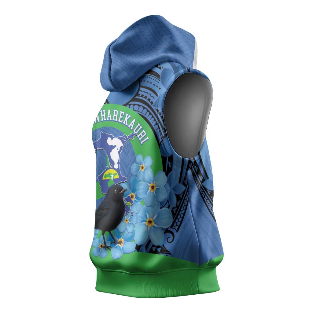 New Zealand Chatham Islands Sleeveless Hoodie Wharekauri Forget Me Not With Black Robin LT14 - Polynesian Pride