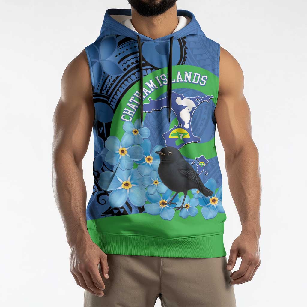 New Zealand Chatham Islands Sleeveless Hoodie Wharekauri Forget Me Not With Black Robin LT14 - Polynesian Pride