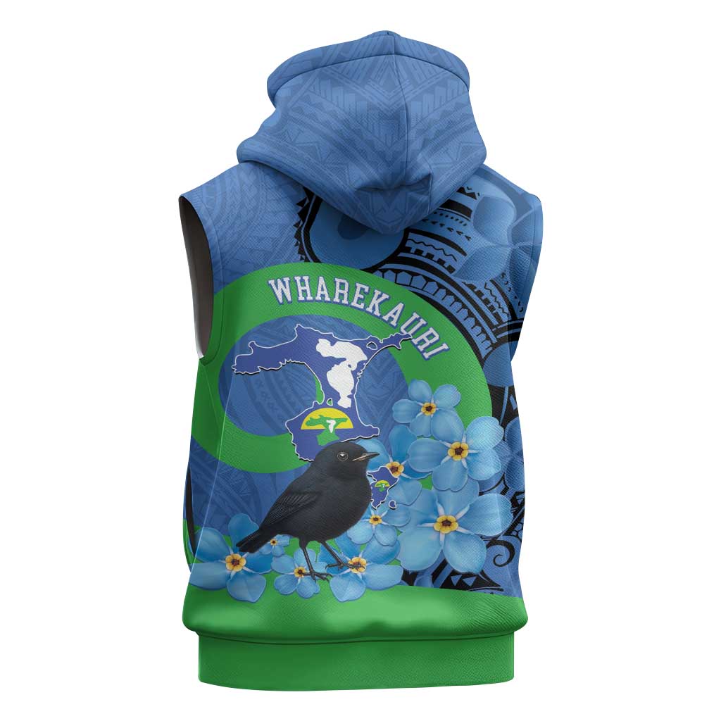 New Zealand Chatham Islands Sleeveless Zip Hoodie Wharekauri Forget Me Not With Black Robin LT14 - Polynesian Pride