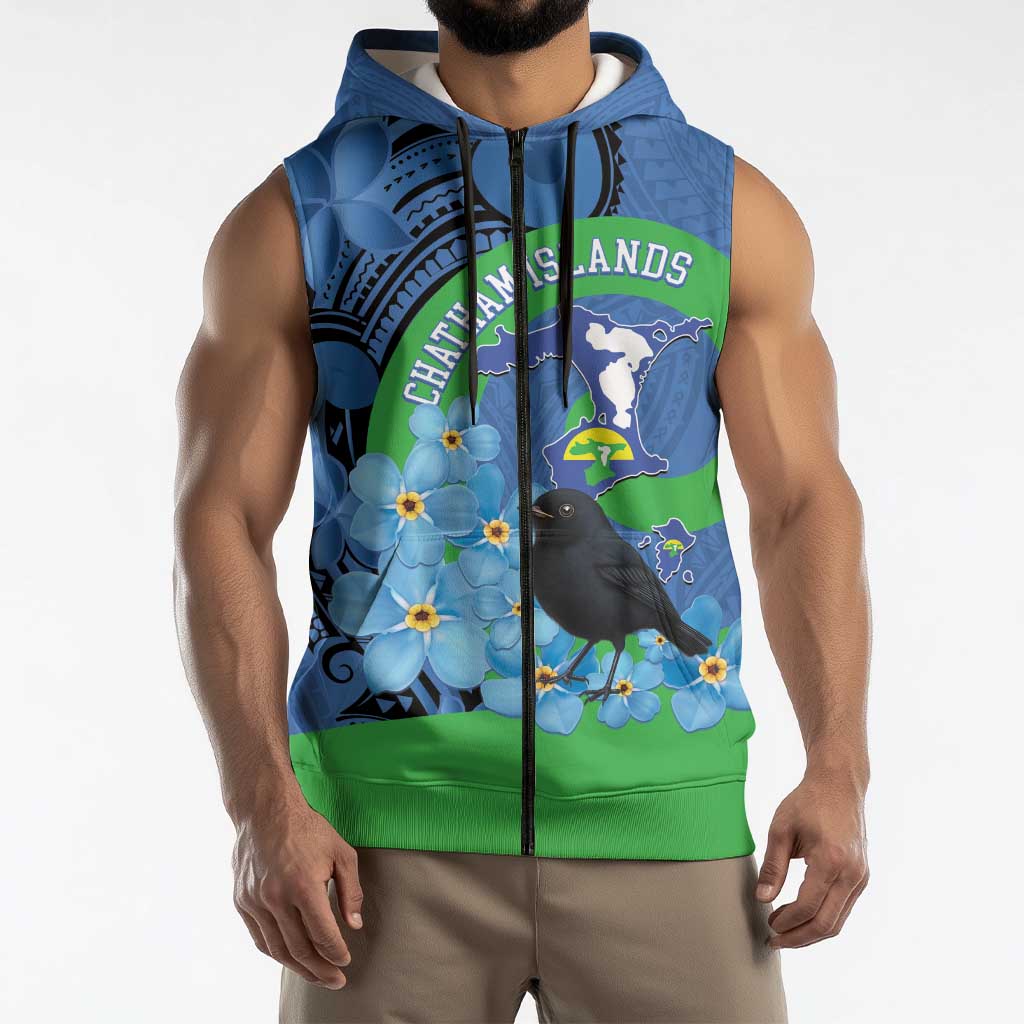New Zealand Chatham Islands Sleeveless Zip Hoodie Wharekauri Forget Me Not With Black Robin LT14 - Polynesian Pride