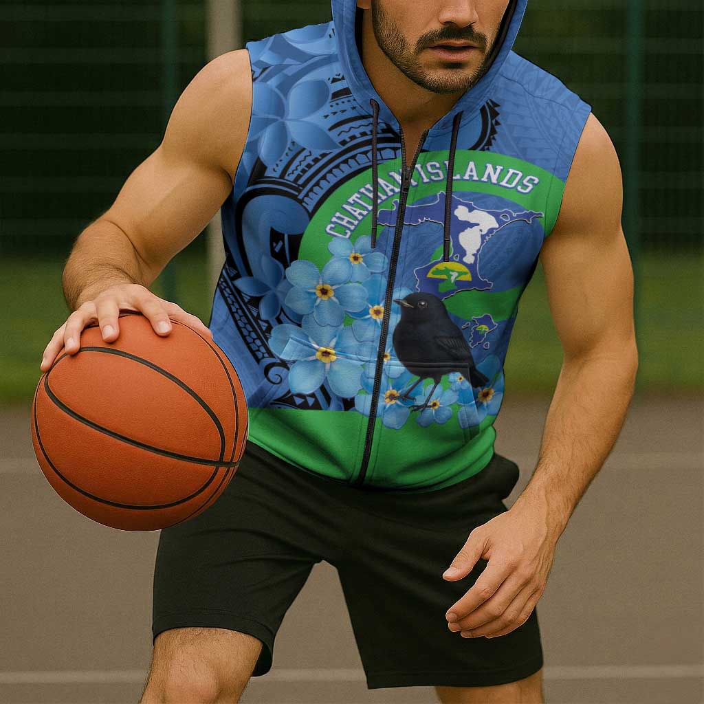 New Zealand Chatham Islands Sleeveless Zip Hoodie Wharekauri Forget Me Not With Black Robin LT14 - Polynesian Pride