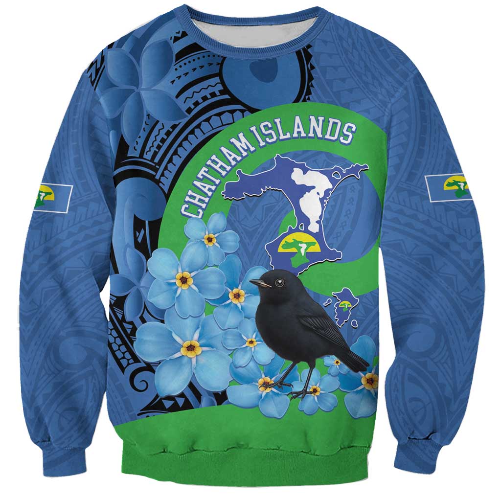New Zealand Chatham Islands Sweatshirt Wharekauri Forget Me Not With Black Robin LT14 Unisex Blue - Polynesian Pride