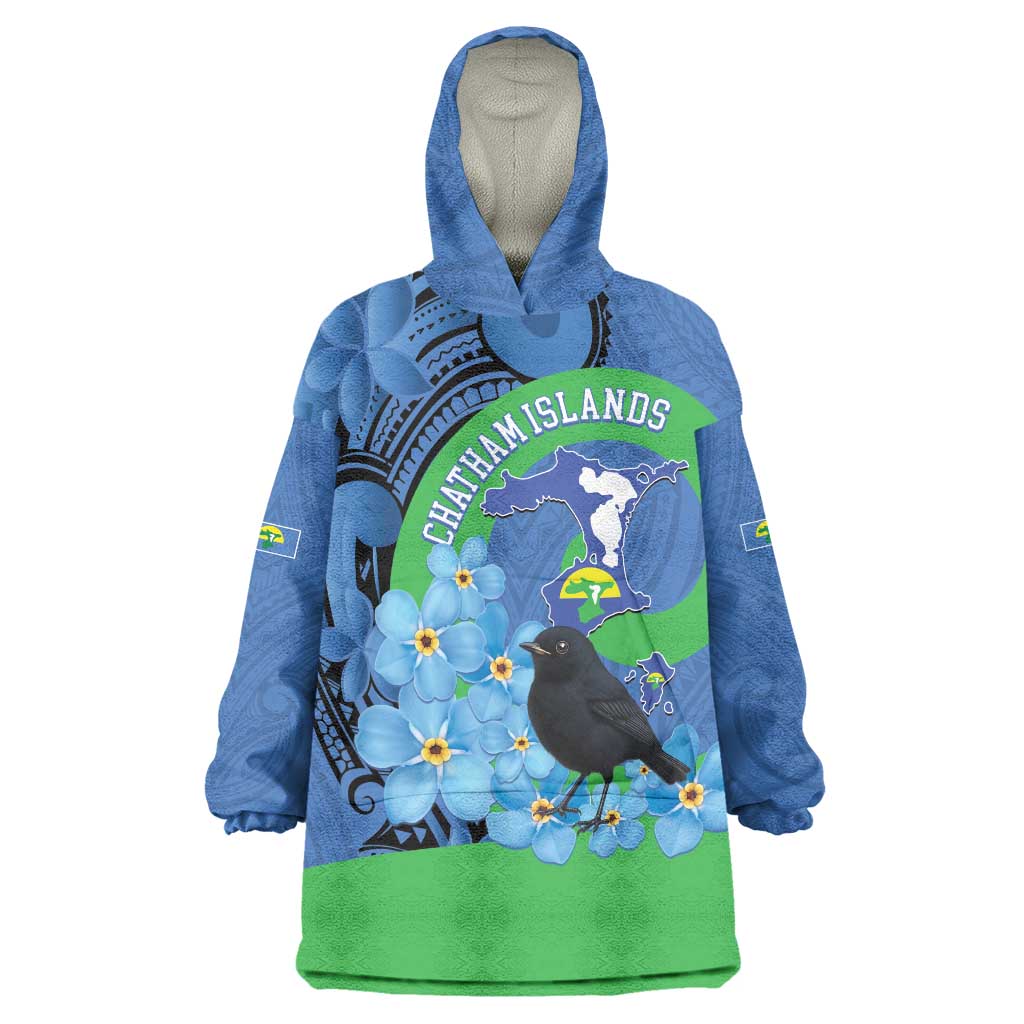 New Zealand Chatham Islands Wearable Blanket Hoodie Wharekauri Forget Me Not With Black Robin LT14 One Size Blue - Polynesian Pride