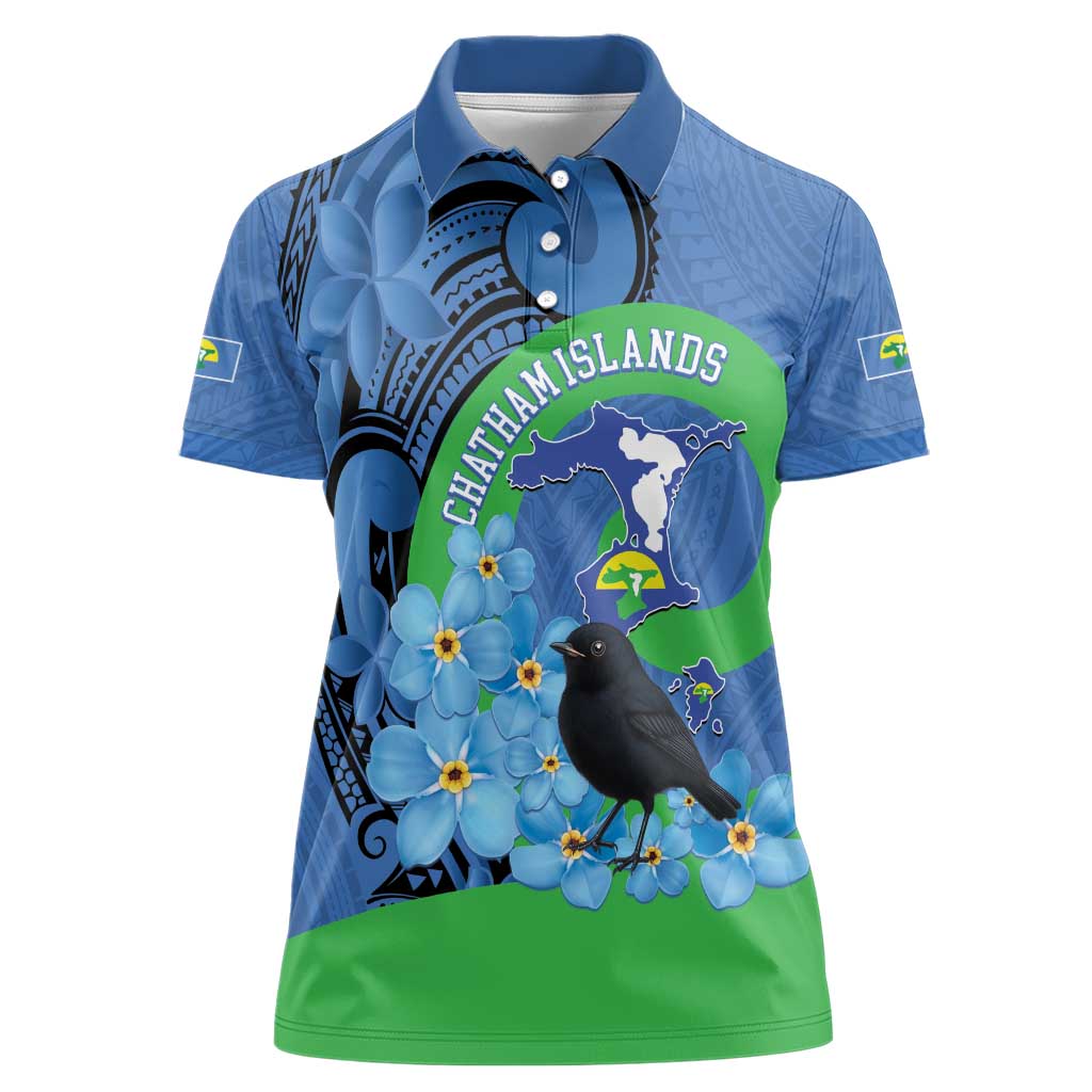 New Zealand Chatham Islands Women Polo Shirt Wharekauri Forget Me Not With Black Robin LT14 Female Blue - Polynesian Pride
