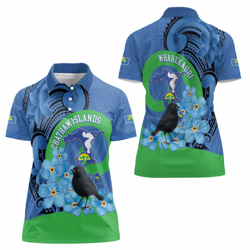 New Zealand Chatham Islands Women Polo Shirt Wharekauri Forget Me Not With Black Robin LT14 - Polynesian Pride