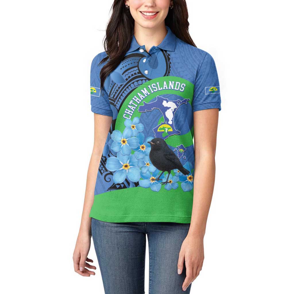 New Zealand Chatham Islands Women Polo Shirt Wharekauri Forget Me Not With Black Robin LT14 - Polynesian Pride