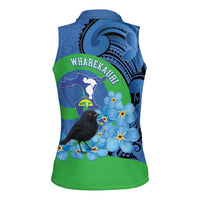 New Zealand Chatham Islands Women Sleeveless Polo Shirt Wharekauri Forget Me Not With Black Robin LT14 - Polynesian Pride
