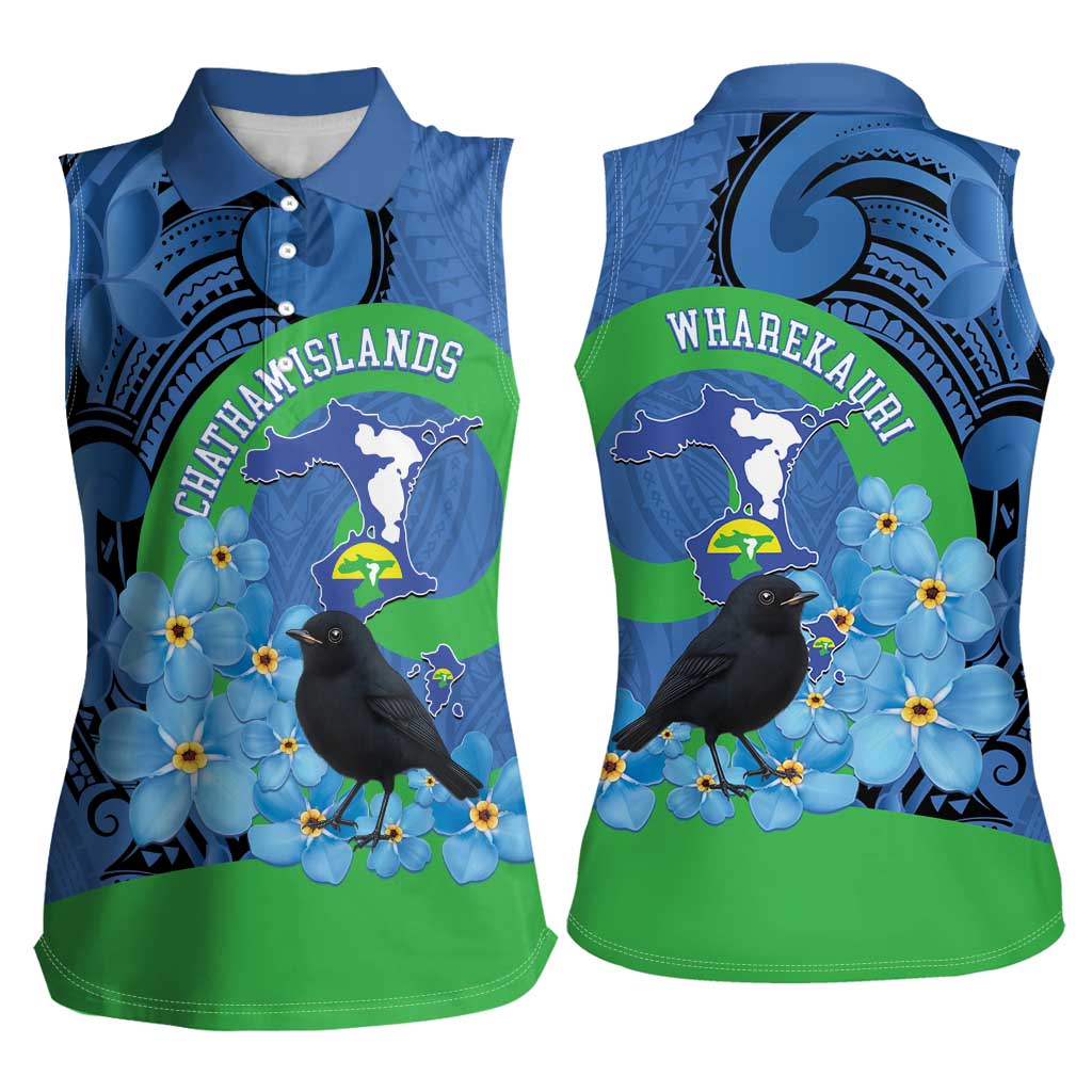 New Zealand Chatham Islands Women Sleeveless Polo Shirt Wharekauri Forget Me Not With Black Robin LT14 - Polynesian Pride