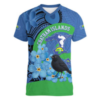 New Zealand Chatham Islands Women V-Neck T-Shirt Wharekauri Forget Me Not With Black Robin LT14 Female Blue - Polynesian Pride