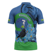New Zealand Chatham Islands Zipper Polo Shirt Wharekauri Forget Me Not With Black Robin LT14 - Polynesian Pride