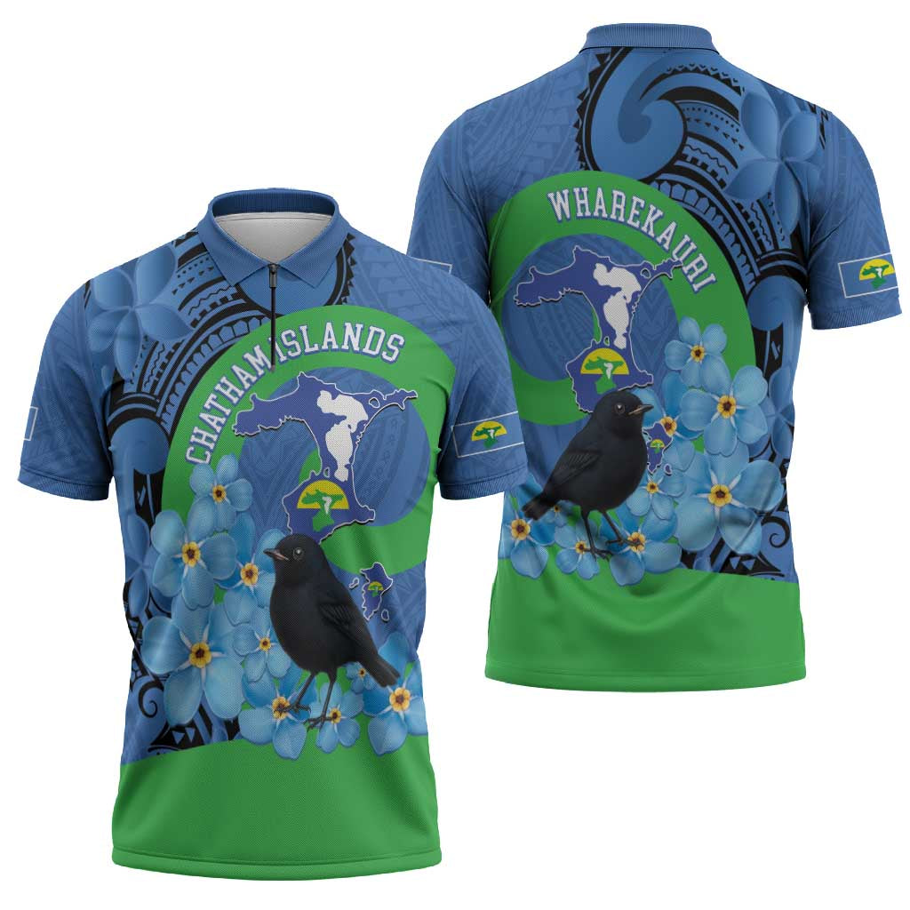 New Zealand Chatham Islands Zipper Polo Shirt Wharekauri Forget Me Not With Black Robin LT14 - Polynesian Pride