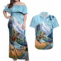 New Zealand South Island Couples Matching Off Shoulder Maxi Dress and Hawaiian Shirt Te Waipounamu Aoraki Kea Bird LT14 Blue - Polynesian Pride