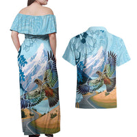 New Zealand South Island Couples Matching Off Shoulder Maxi Dress and Hawaiian Shirt Te Waipounamu Aoraki Kea Bird LT14 - Polynesian Pride