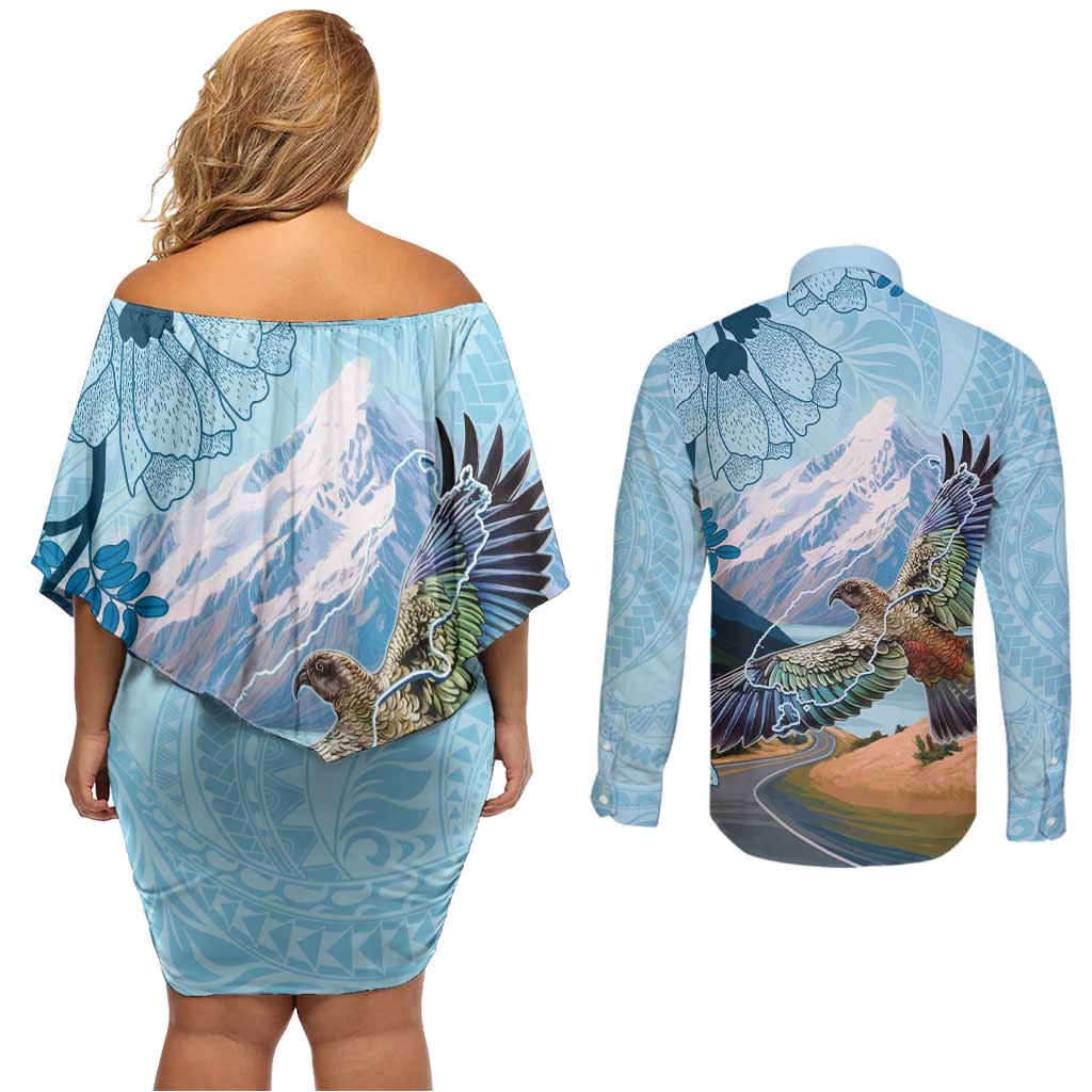 New Zealand South Island Couples Matching Off Shoulder Short Dress and Long Sleeve Button Shirt Te Waipounamu Aoraki Kea Bird LT14 - Polynesian Pride