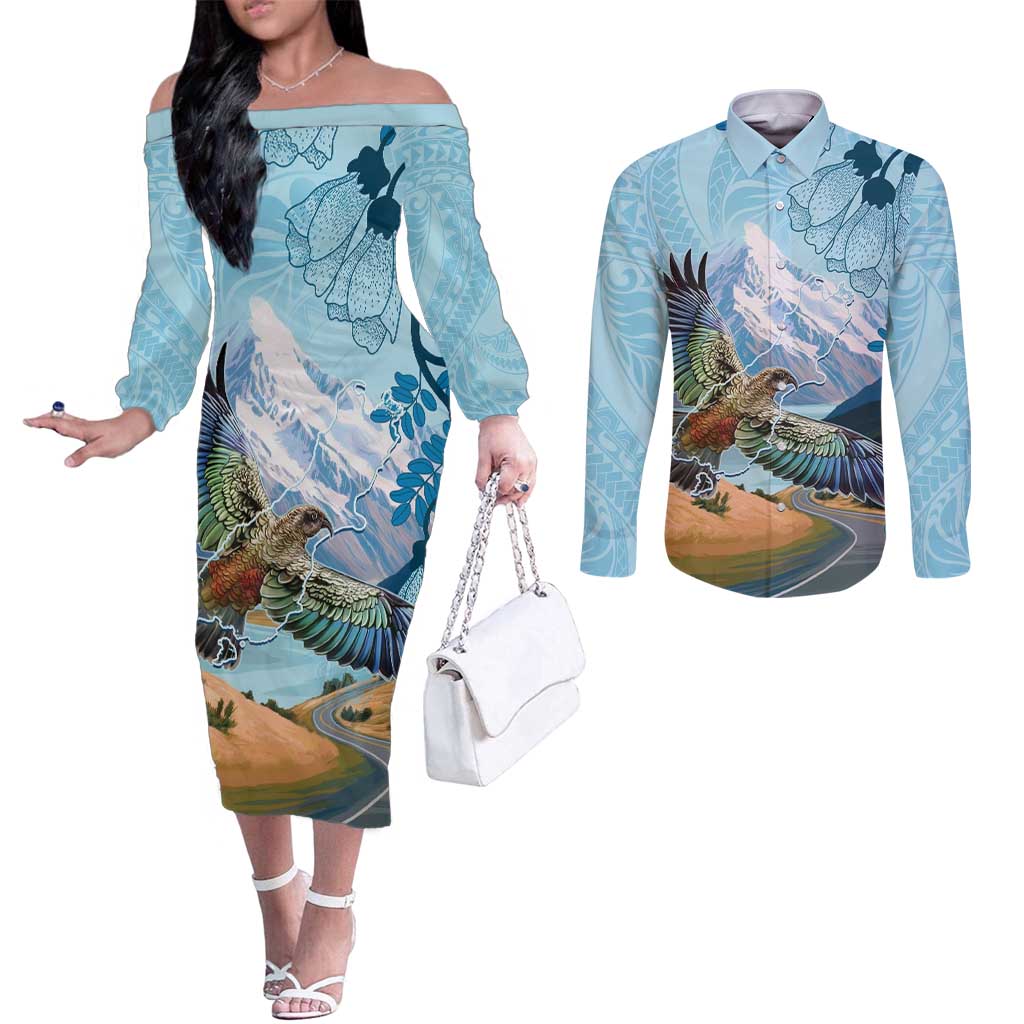 New Zealand South Island Couples Matching Off The Shoulder Long Sleeve Dress and Long Sleeve Button Shirt Te Waipounamu Aoraki Kea Bird LT14 Blue - Polynesian Pride