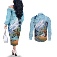 New Zealand South Island Couples Matching Off The Shoulder Long Sleeve Dress and Long Sleeve Button Shirt Te Waipounamu Aoraki Kea Bird LT14 - Polynesian Pride