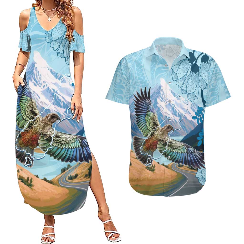 New Zealand South Island Couples Matching Summer Maxi Dress and Hawaiian Shirt Te Waipounamu Aoraki Kea Bird LT14 Blue - Polynesian Pride