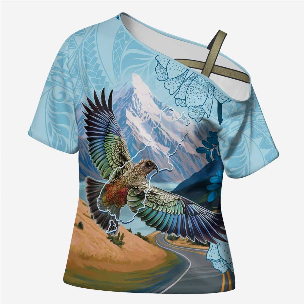 New Zealand South Island Cross Shoulder Shirt Te Waipounamu Aoraki Kea Bird LT14 Female Blue - Polynesian Pride