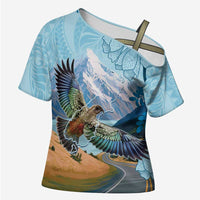 New Zealand South Island Cross Shoulder Shirt Te Waipounamu Aoraki Kea Bird LT14 Female Blue - Polynesian Pride