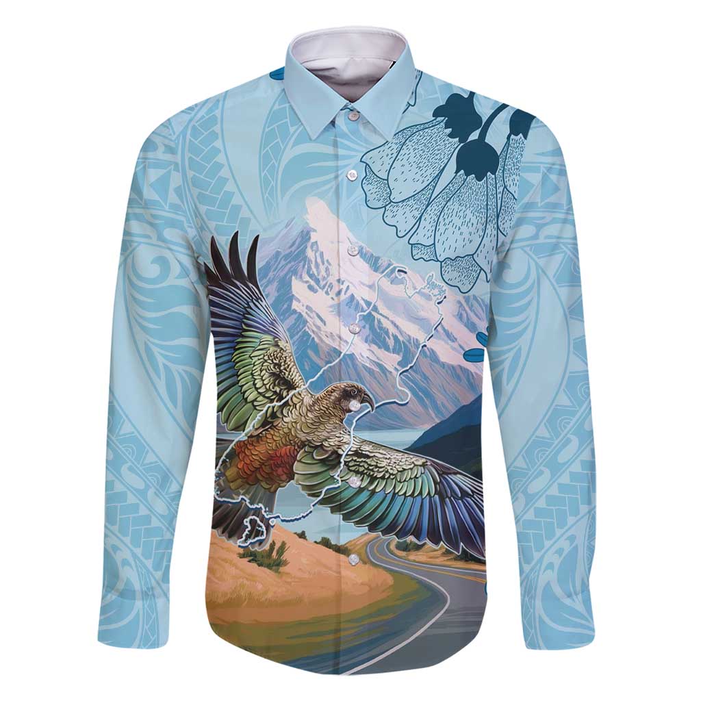New Zealand South Island Family Matching Long Sleeve Bodycon Dress and Hawaiian Shirt Te Waipounamu Aoraki Kea Bird LT14 Dad's Shirt - Long Sleeve Blue - Polynesian Pride