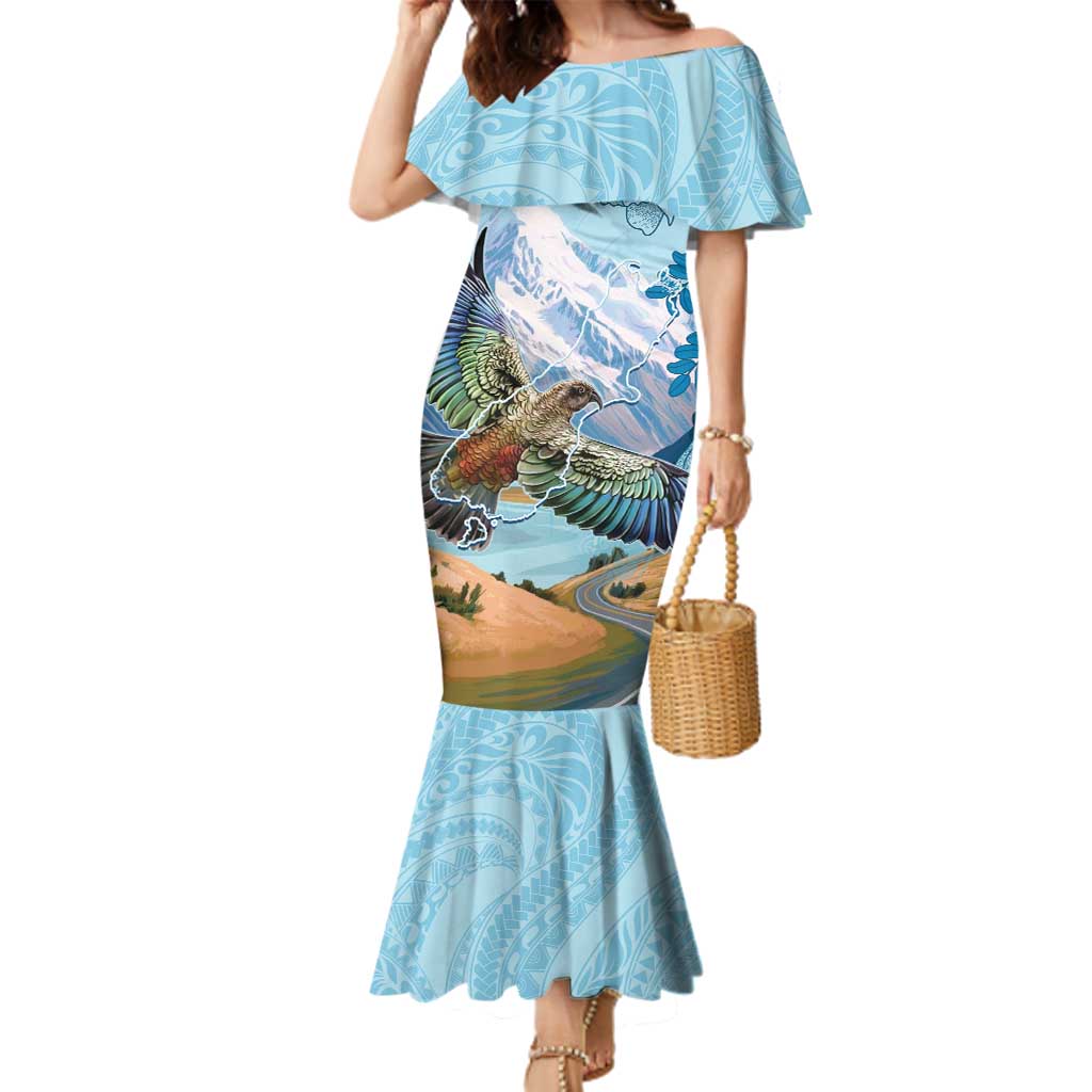 New Zealand South Island Family Matching Mermaid Dress and Hawaiian Shirt Te Waipounamu Aoraki Kea Bird LT14 Mom's Dress Blue - Polynesian Pride