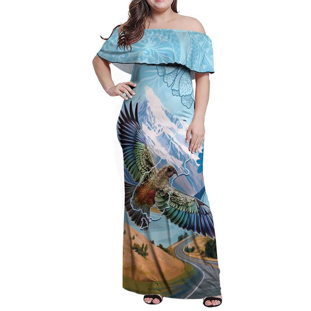 New Zealand South Island Family Matching Off Shoulder Maxi Dress and Hawaiian Shirt Te Waipounamu Aoraki Kea Bird LT14 Mom's Dress Blue - Polynesian Pride