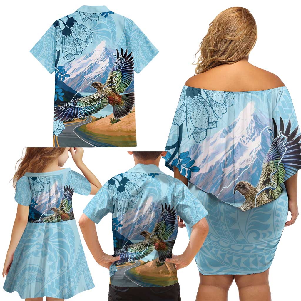 New Zealand South Island Family Matching Off Shoulder Short Dress and Hawaiian Shirt Te Waipounamu Aoraki Kea Bird LT14 - Polynesian Pride