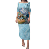 New Zealand South Island Family Matching Puletasi and Hawaiian Shirt Te Waipounamu Aoraki Kea Bird LT14 Mom's Dress Blue - Polynesian Pride