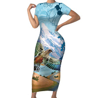 New Zealand South Island Family Matching Short Sleeve Bodycon Dress and Hawaiian Shirt Te Waipounamu Aoraki Kea Bird LT14 Mom's Dress Blue - Polynesian Pride