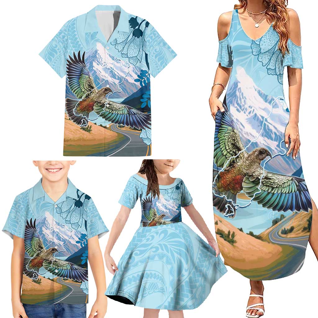 New Zealand South Island Family Matching Summer Maxi Dress and Hawaiian Shirt Te Waipounamu Aoraki Kea Bird LT14 - Polynesian Pride