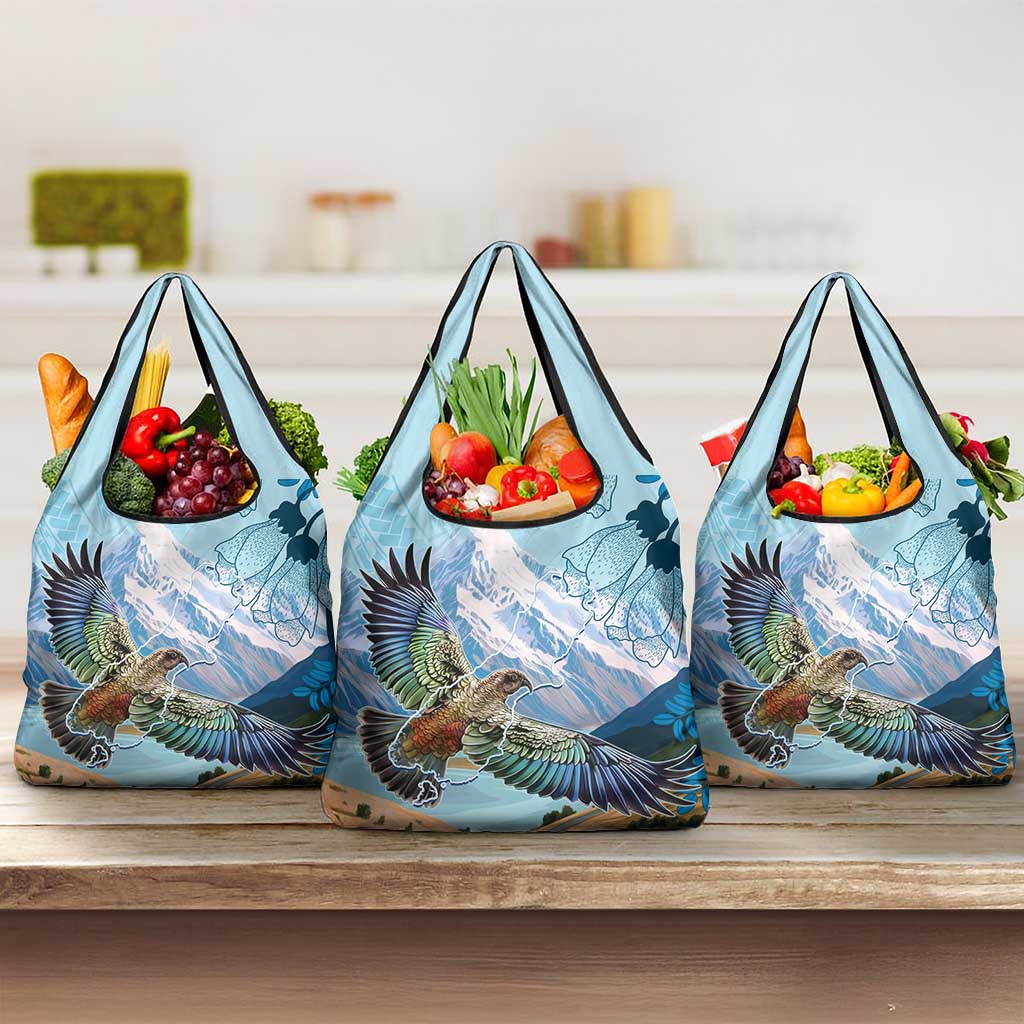 New Zealand South Island Grocery Bag Te Waipounamu Aoraki Kea Bird LT14 3-pack One Size Blue - Polynesian Pride