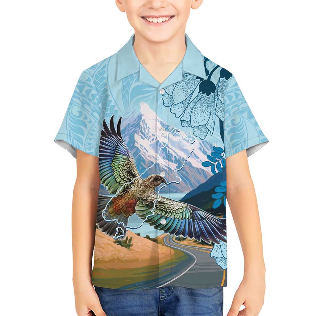 New Zealand South Island Kid Hawaiian Shirt Te Waipounamu Aoraki Kea Bird LT14 Kid Blue - Polynesian Pride
