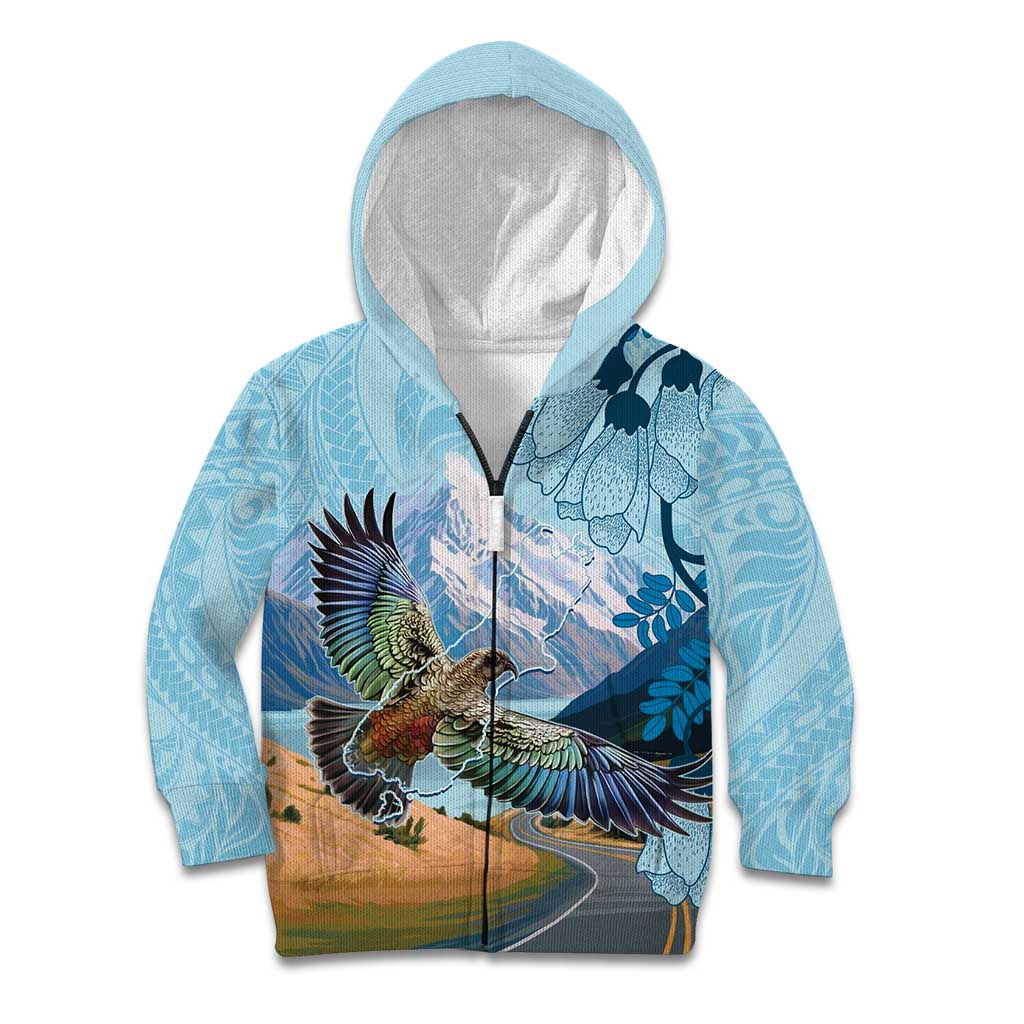 New Zealand South Island Kid Hoodie Te Waipounamu Aoraki Kea Bird LT14 Zip Hoodie Blue - Polynesian Pride