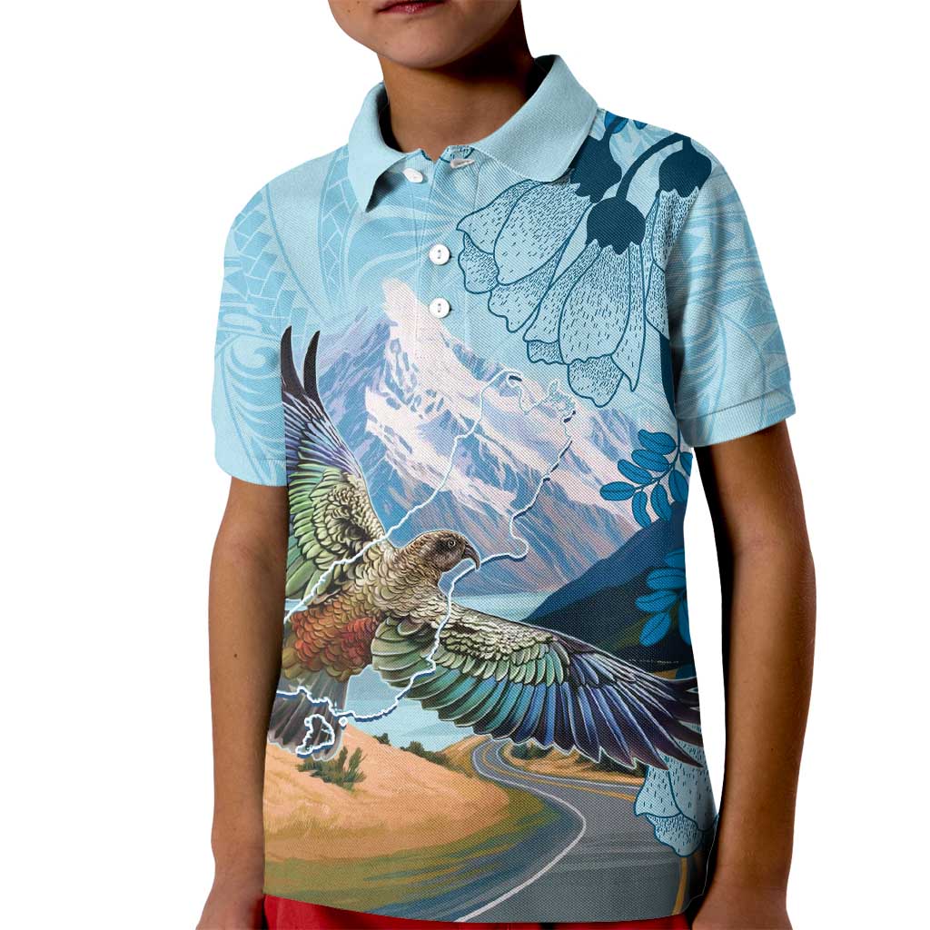 New Zealand South Island Kid Polo Shirt Te Waipounamu Aoraki Kea Bird LT14 Kid Blue - Polynesian Pride
