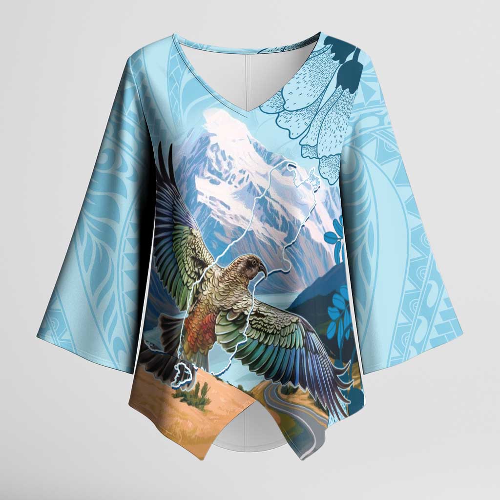 New Zealand South Island Kimono Sleeve Blouse Te Waipounamu Aoraki Kea Bird LT14 Female Blue - Polynesian Pride
