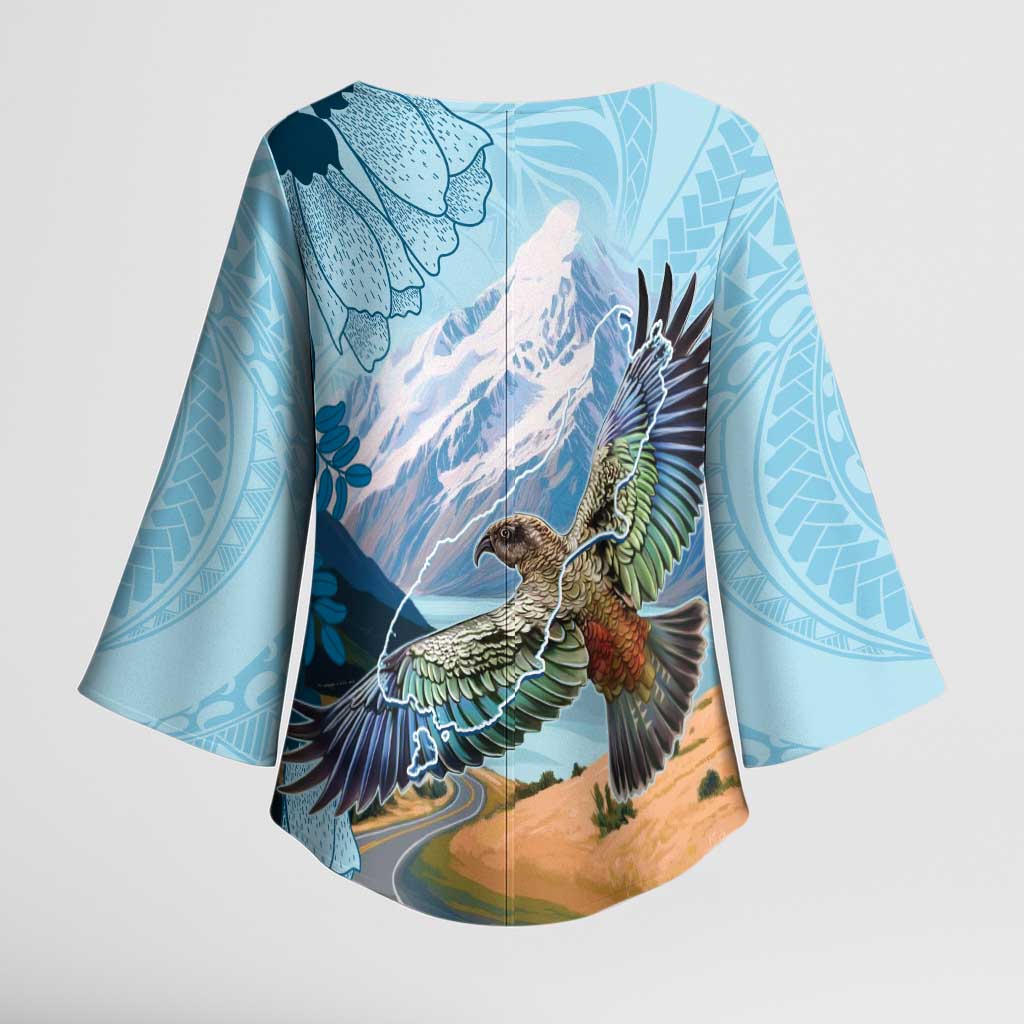 New Zealand South Island Kimono Sleeve Blouse Te Waipounamu Aoraki Kea Bird LT14 - Polynesian Pride