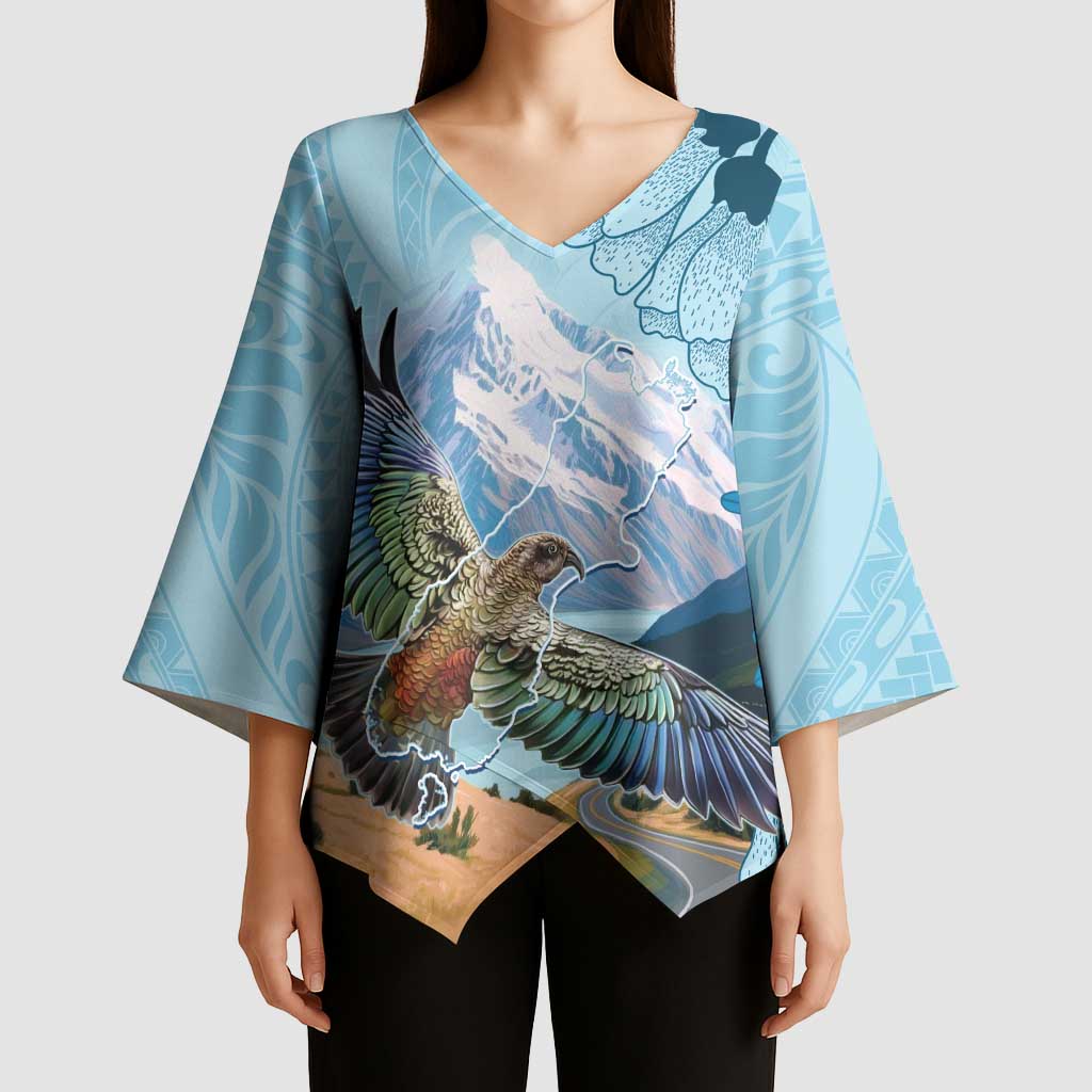 New Zealand South Island Kimono Sleeve Blouse Te Waipounamu Aoraki Kea Bird LT14 - Polynesian Pride