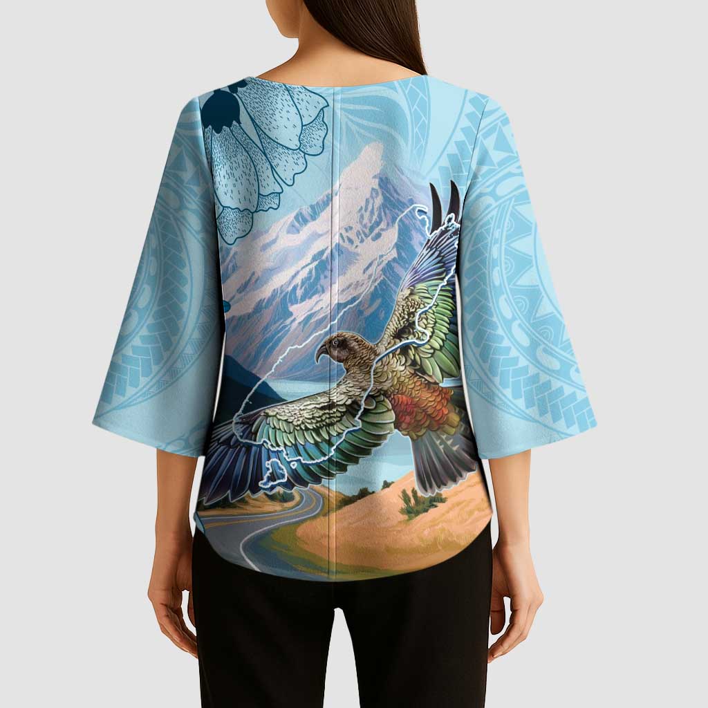 New Zealand South Island Kimono Sleeve Blouse Te Waipounamu Aoraki Kea Bird LT14 - Polynesian Pride