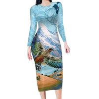New Zealand South Island Long Sleeve Bodycon Dress Te Waipounamu Aoraki Kea Bird LT14 Long Dress Blue - Polynesian Pride