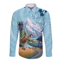 New Zealand South Island Long Sleeve Button Shirt Te Waipounamu Aoraki Kea Bird LT14 Unisex Blue - Polynesian Pride