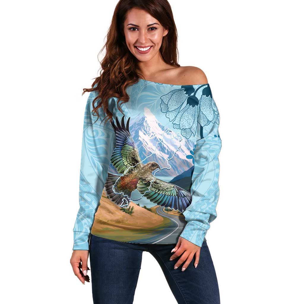 New Zealand South Island Off Shoulder Sweater Te Waipounamu Aoraki Kea Bird LT14 Women Blue - Polynesian Pride
