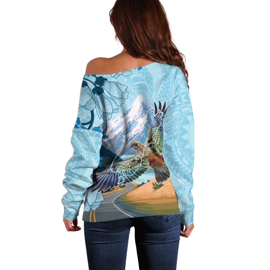 New Zealand South Island Off Shoulder Sweater Te Waipounamu Aoraki Kea Bird LT14 - Polynesian Pride