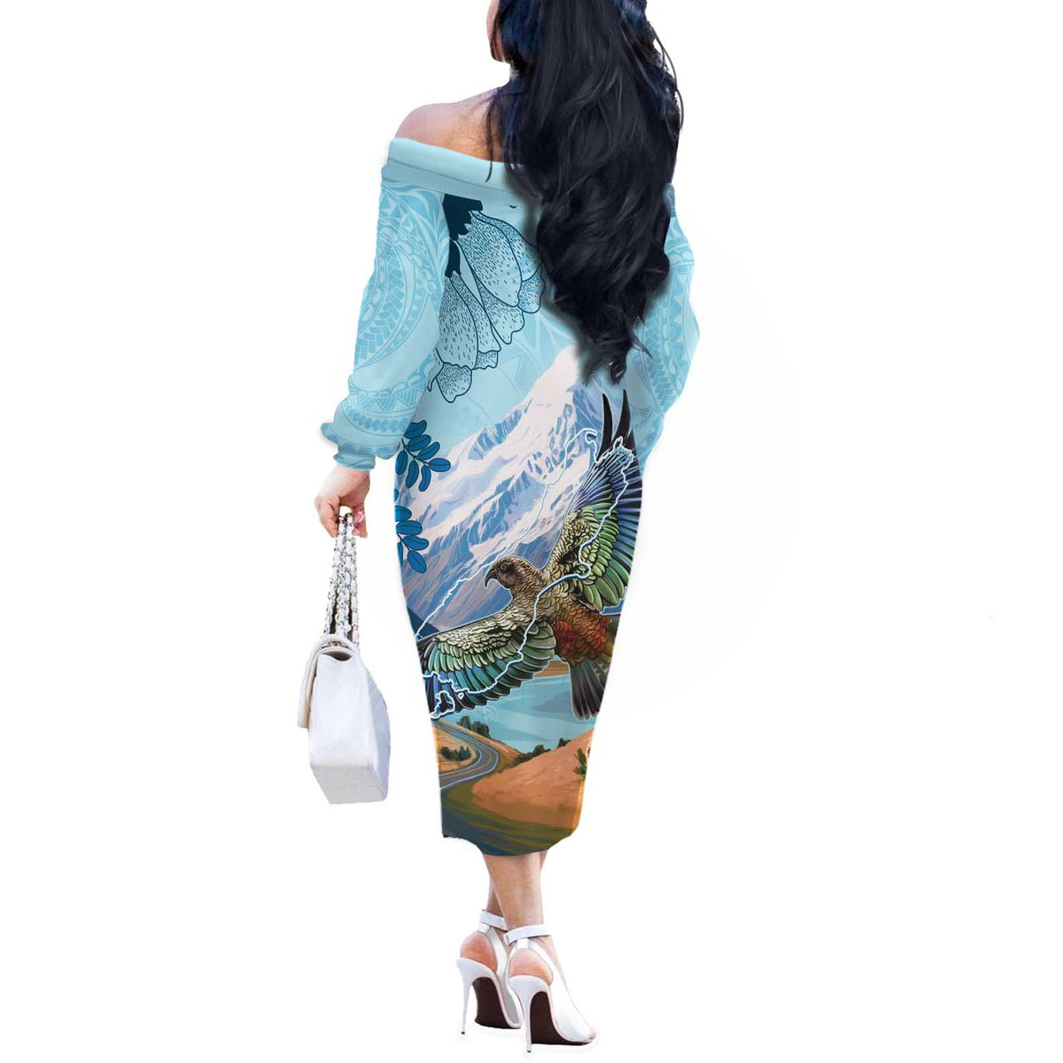 New Zealand South Island Off The Shoulder Long Sleeve Dress Te Waipounamu Aoraki Kea Bird LT14 - Polynesian Pride