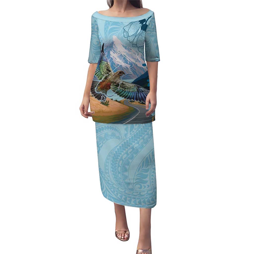 New Zealand South Island Puletasi Te Waipounamu Aoraki Kea Bird LT14 Long Dress Blue - Polynesian Pride