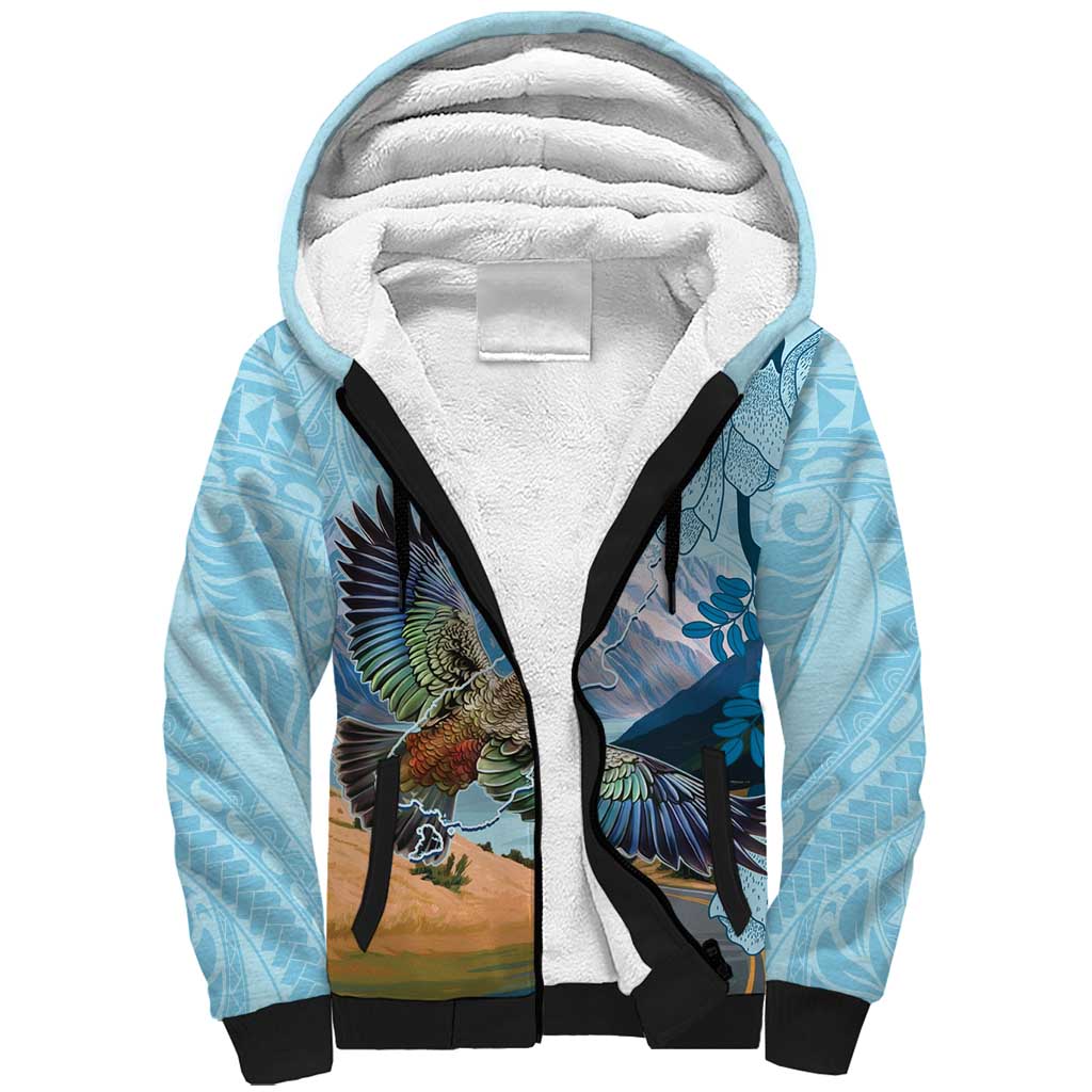 New Zealand South Island Sherpa Hoodie Te Waipounamu Aoraki Kea Bird LT14 Unisex Blue - Polynesian Pride