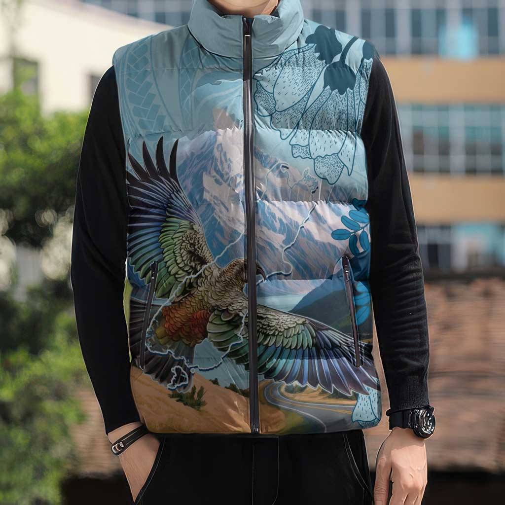 New Zealand South Island Sleeveless Puffer Jacket Te Waipounamu Aoraki Kea Bird LT14 - Polynesian Pride