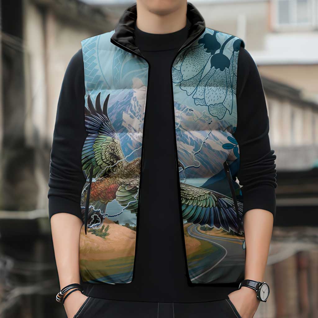 New Zealand South Island Sleeveless Puffer Jacket Te Waipounamu Aoraki Kea Bird LT14 - Polynesian Pride