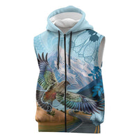 New Zealand South Island Sleeveless Zip Hoodie Te Waipounamu Aoraki Kea Bird LT14 Blue - Polynesian Pride